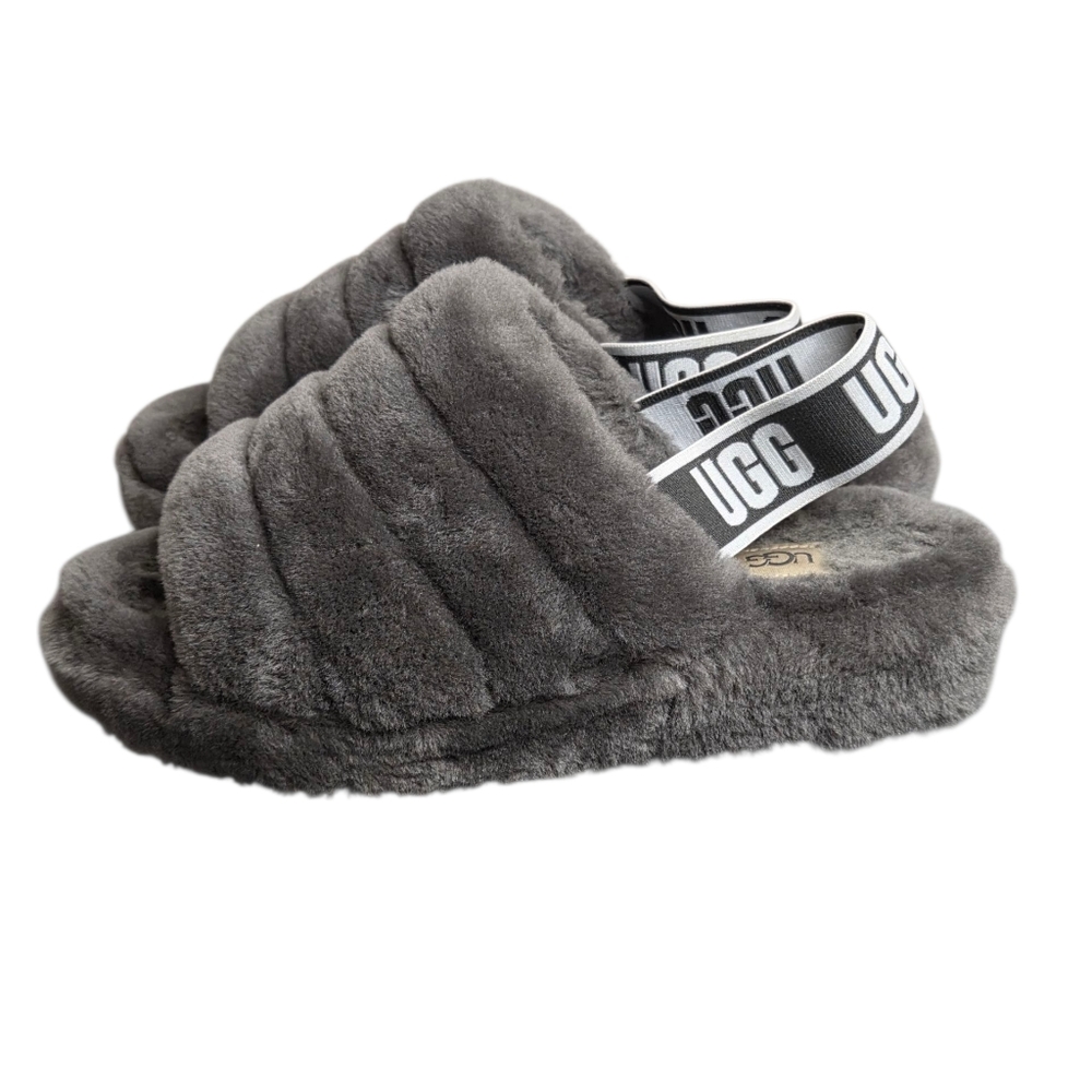 UGG Fluff Yeah Slide Slippers Sling Back Womens Size 7 Gray Soft Plush